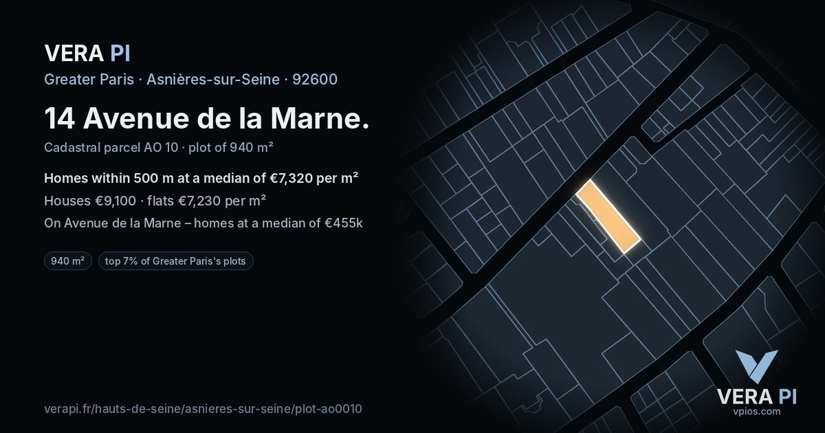 14 Avenue de la Marne, Asnières-sur-Seine at night – the plot lit, the parcels around coloured by the prices near them