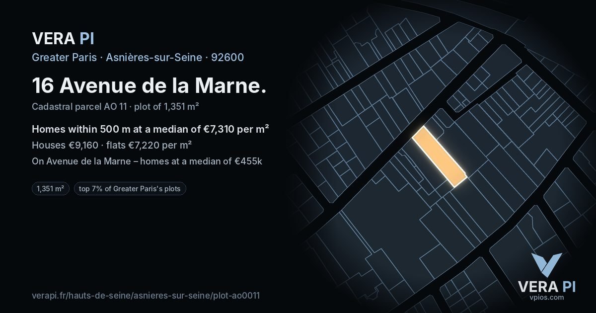 16 Avenue de la Marne, Asnières-sur-Seine at night – the plot lit, the parcels around coloured by the prices near them