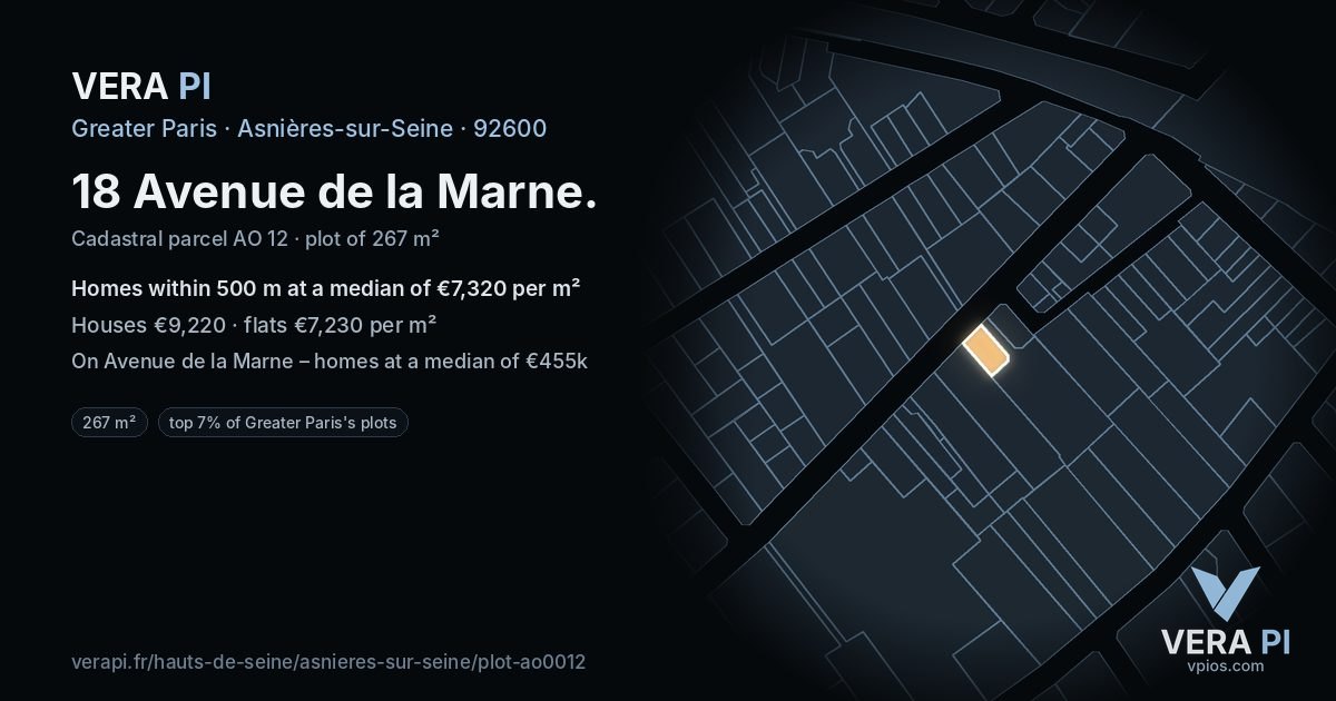 18 Avenue de la Marne, Asnières-sur-Seine at night – the plot lit, the parcels around coloured by the prices near them