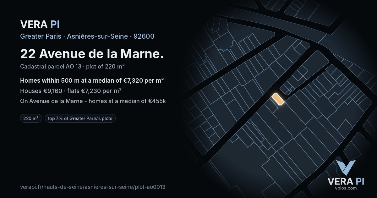22 Avenue de la Marne, Asnières-sur-Seine at night – the plot lit, the parcels around coloured by the prices near them