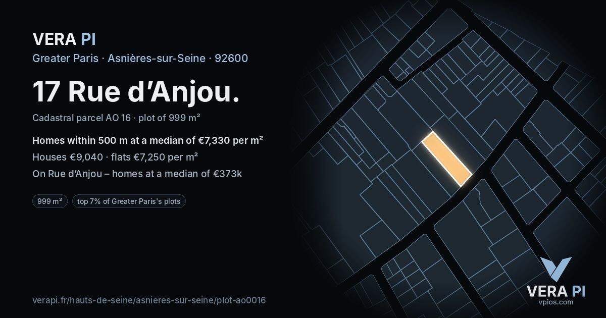 17 Rue d’Anjou, Asnières-sur-Seine at night – the plot lit, the parcels around coloured by the prices near them