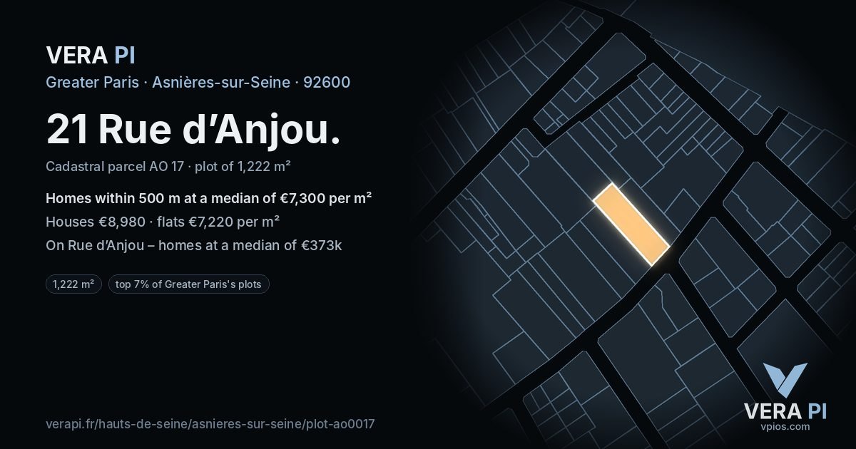 21 Rue d’Anjou, Asnières-sur-Seine at night – the plot lit, the parcels around coloured by the prices near them
