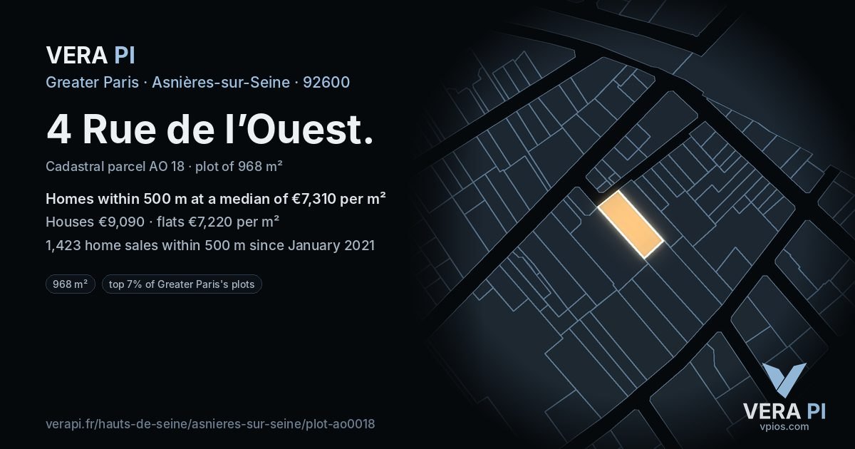 4 Rue de l’Ouest, Asnières-sur-Seine at night – the plot lit, the parcels around coloured by the prices near them