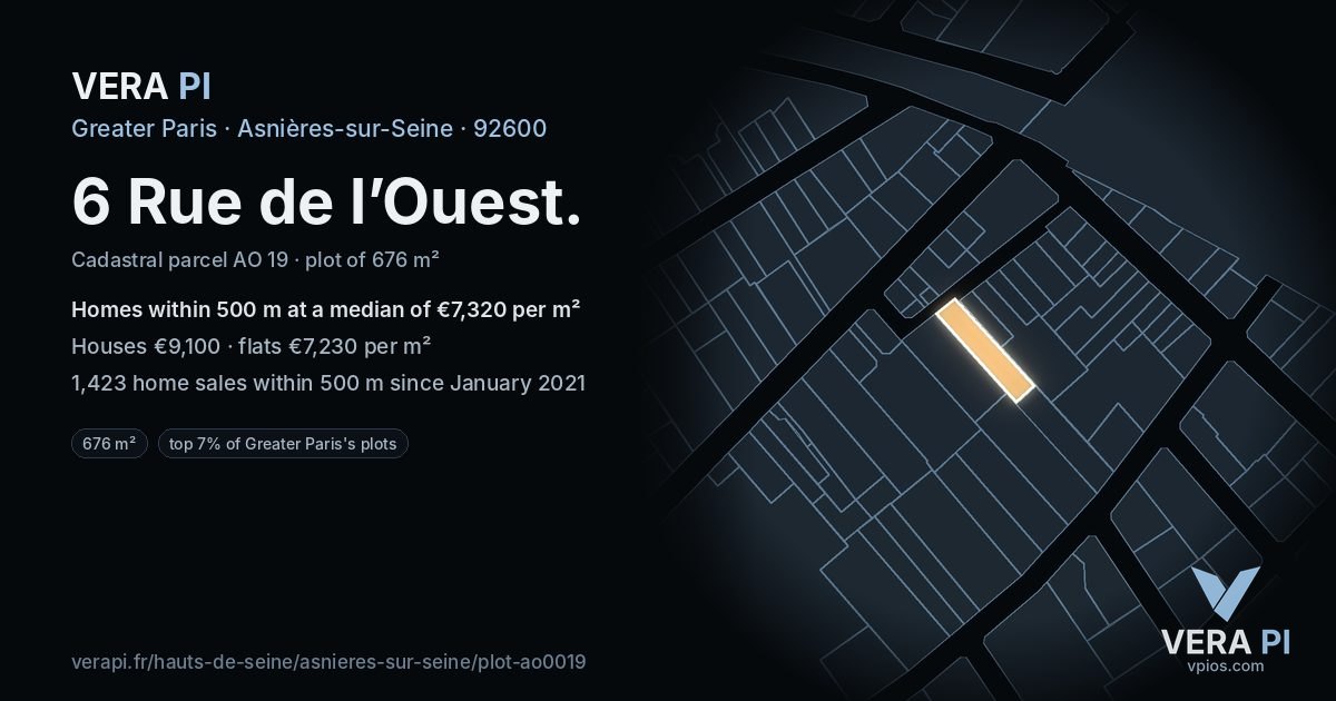 6 Rue de l’Ouest, Asnières-sur-Seine at night – the plot lit, the parcels around coloured by the prices near them