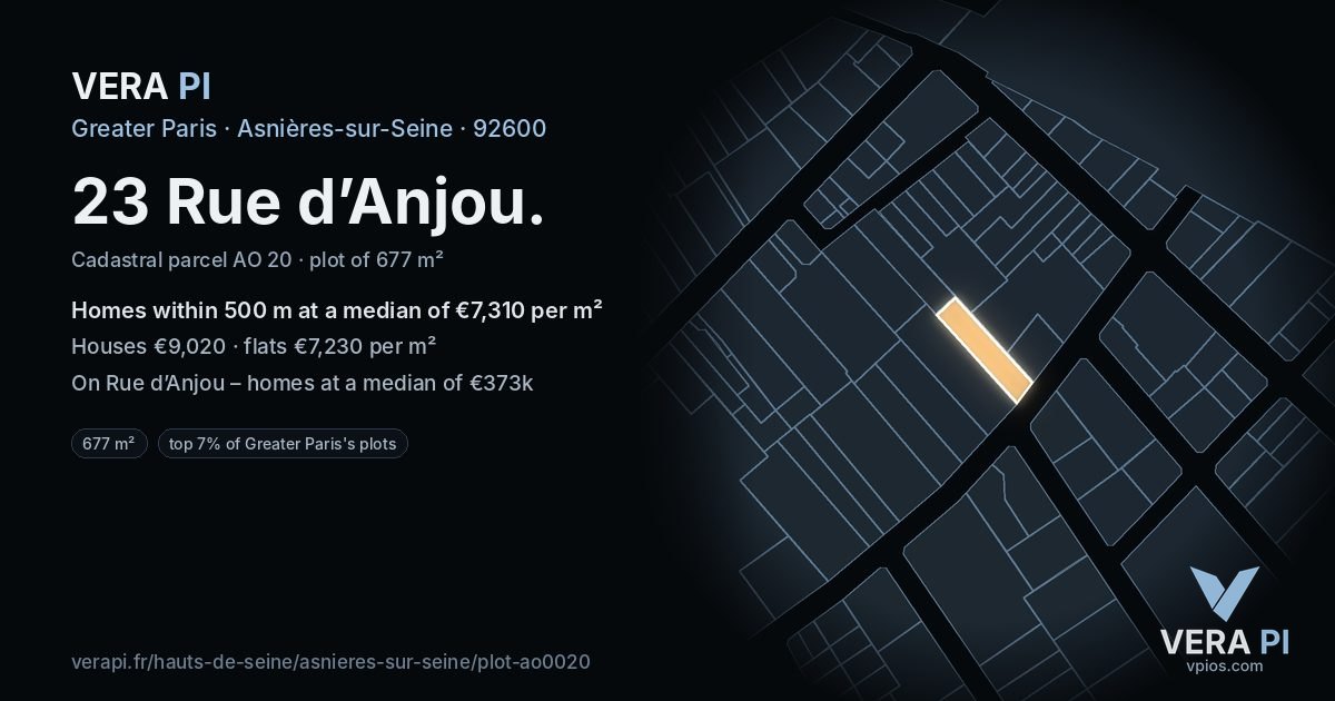 23 Rue d’Anjou, Asnières-sur-Seine at night – the plot lit, the parcels around coloured by the prices near them