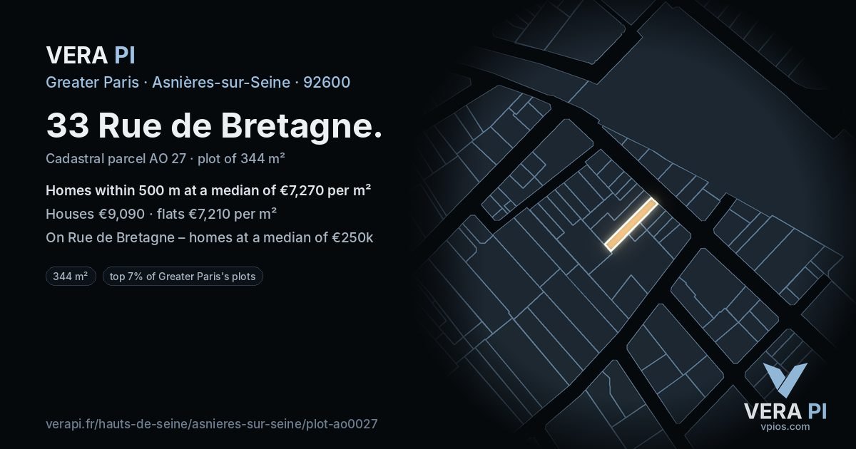 33 Rue de Bretagne, Asnières-sur-Seine at night – the plot lit, the parcels around coloured by the prices near them