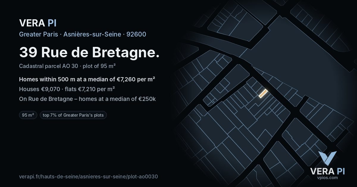 39 Rue de Bretagne, Asnières-sur-Seine at night – the plot lit, the parcels around coloured by the prices near them