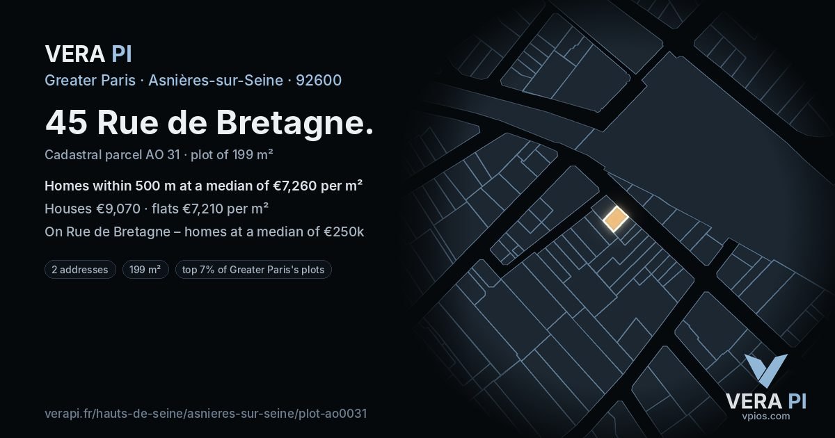 45 Rue de Bretagne, Asnières-sur-Seine at night – the plot lit, the parcels around coloured by the prices near them