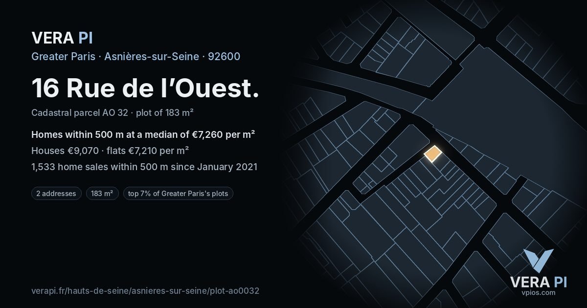 16 Rue de l’Ouest, Asnières-sur-Seine at night – the plot lit, the parcels around coloured by the prices near them