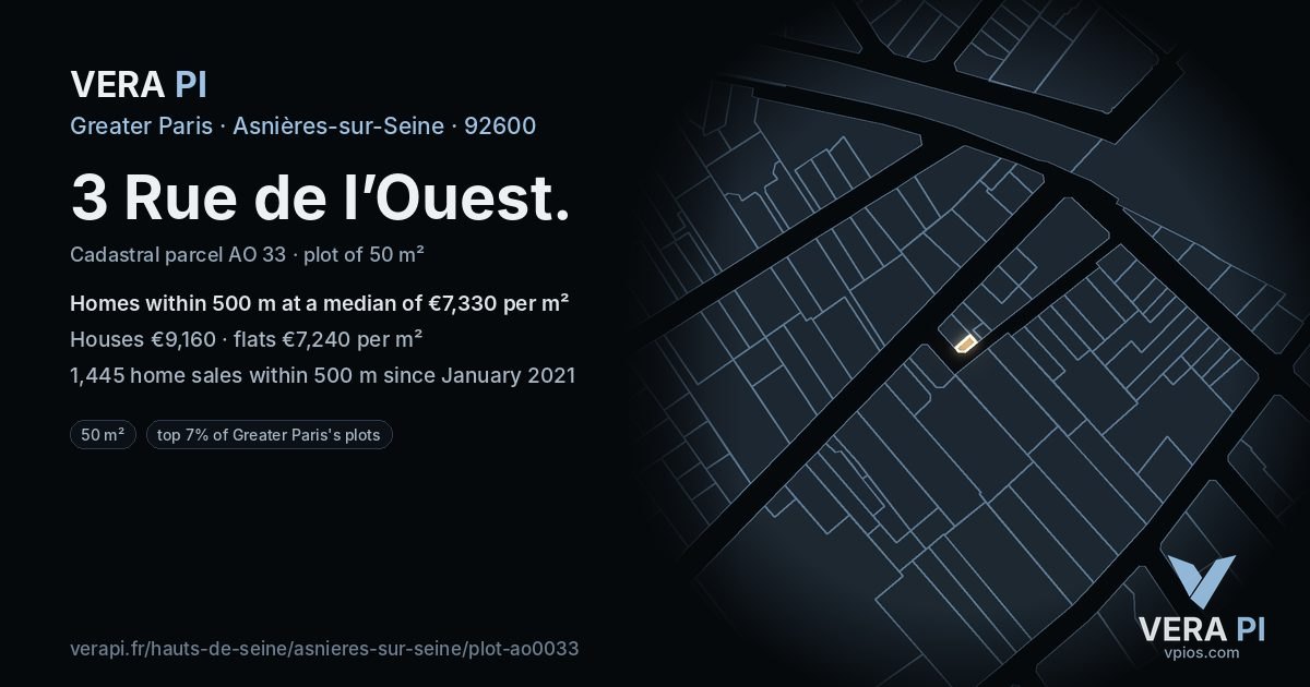 3 Rue de l’Ouest, Asnières-sur-Seine at night – the plot lit, the parcels around coloured by the prices near them
