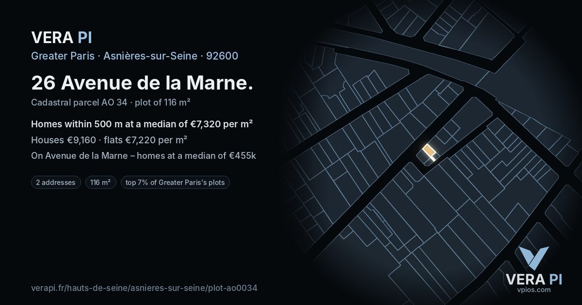 26 Avenue de la Marne, Asnières-sur-Seine at night – the plot lit, the parcels around coloured by the prices near them
