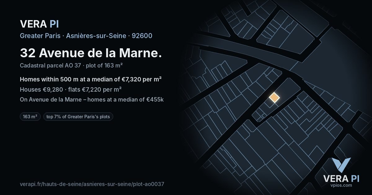 32 Avenue de la Marne, Asnières-sur-Seine at night – the plot lit, the parcels around coloured by the prices near them