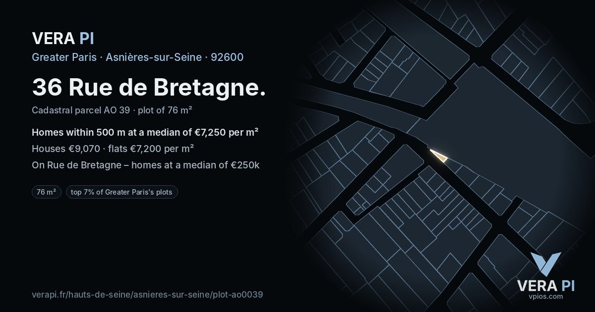 36 Rue de Bretagne, Asnières-sur-Seine at night – the plot lit, the parcels around coloured by the prices near them