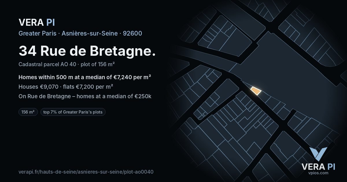 34 Rue de Bretagne, Asnières-sur-Seine at night – the plot lit, the parcels around coloured by the prices near them