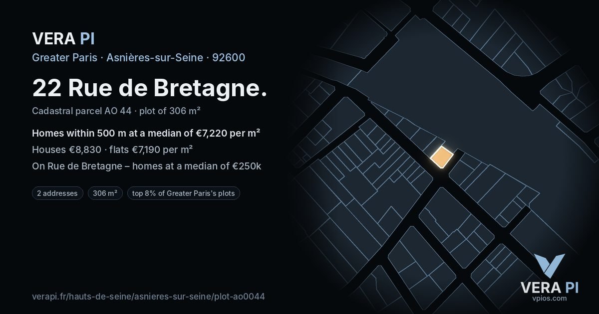 22 Rue de Bretagne, Asnières-sur-Seine at night – the plot lit, the parcels around coloured by the prices near them