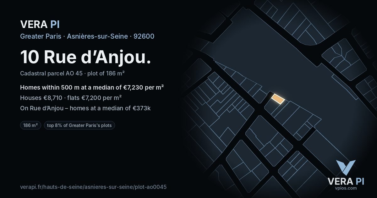 10 Rue d’Anjou, Asnières-sur-Seine at night – the plot lit, the parcels around coloured by the prices near them