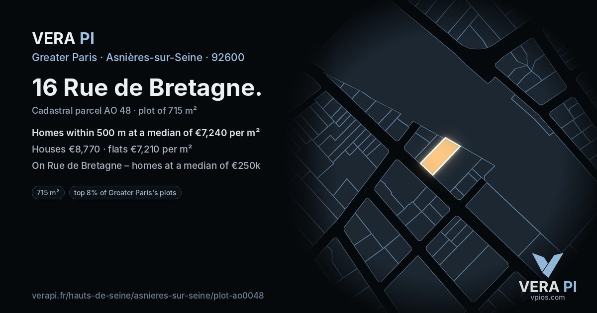 16 Rue de Bretagne, Asnières-sur-Seine at night – the plot lit, the parcels around coloured by the prices near them