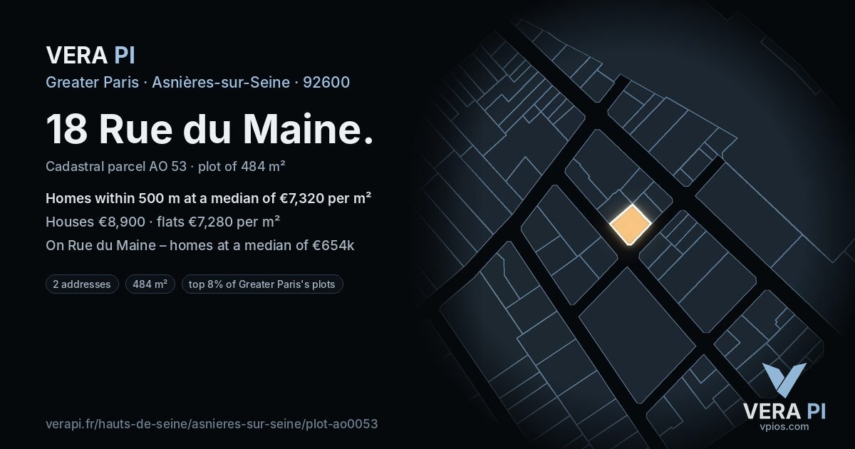 18 Rue du Maine, Asnières-sur-Seine at night – the plot lit, the parcels around coloured by the prices near them