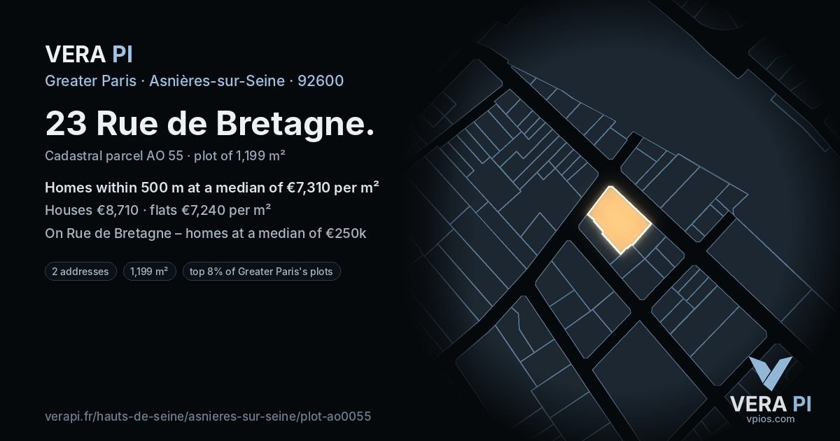 23 Rue de Bretagne, Asnières-sur-Seine at night – the plot lit, the parcels around coloured by the prices near them