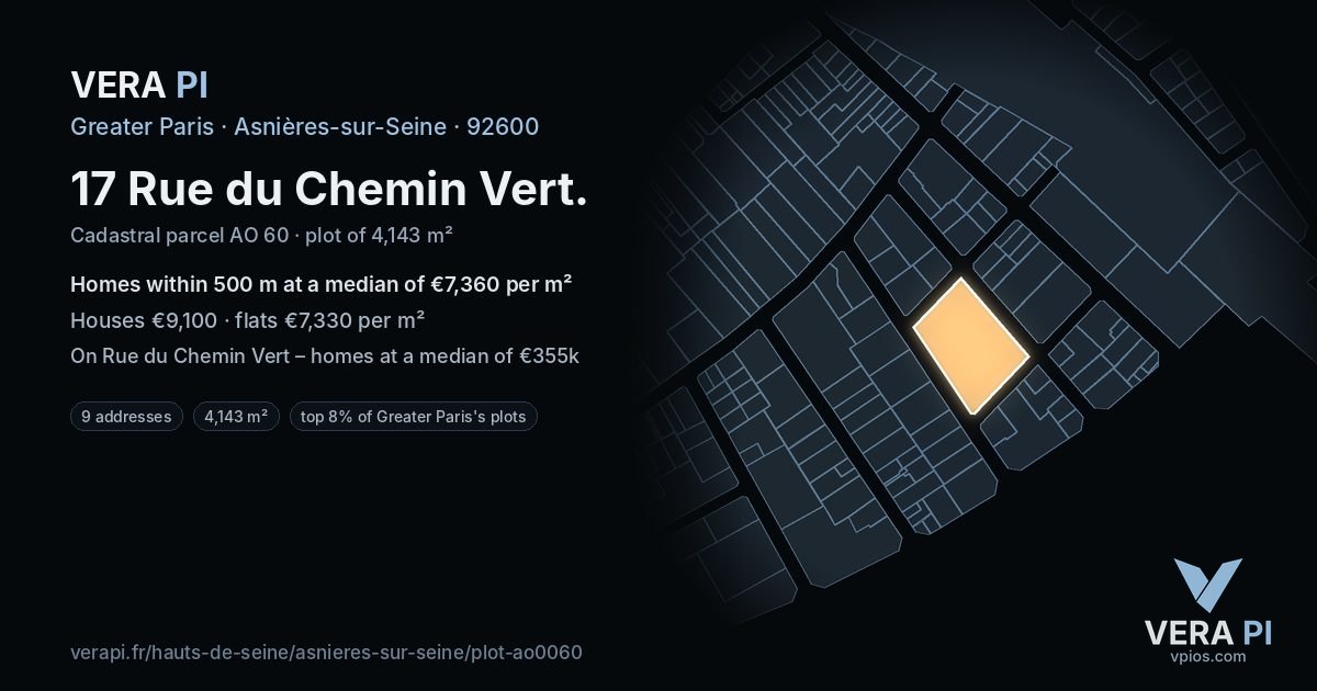 17 Rue du Chemin Vert, Asnières-sur-Seine at night – the plot lit, the parcels around coloured by the prices near them