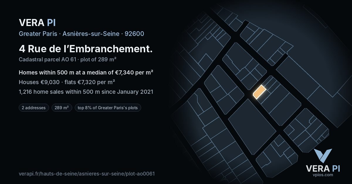 4 Rue de l’Embranchement, Asnières-sur-Seine at night – the plot lit, the parcels around coloured by the prices near them