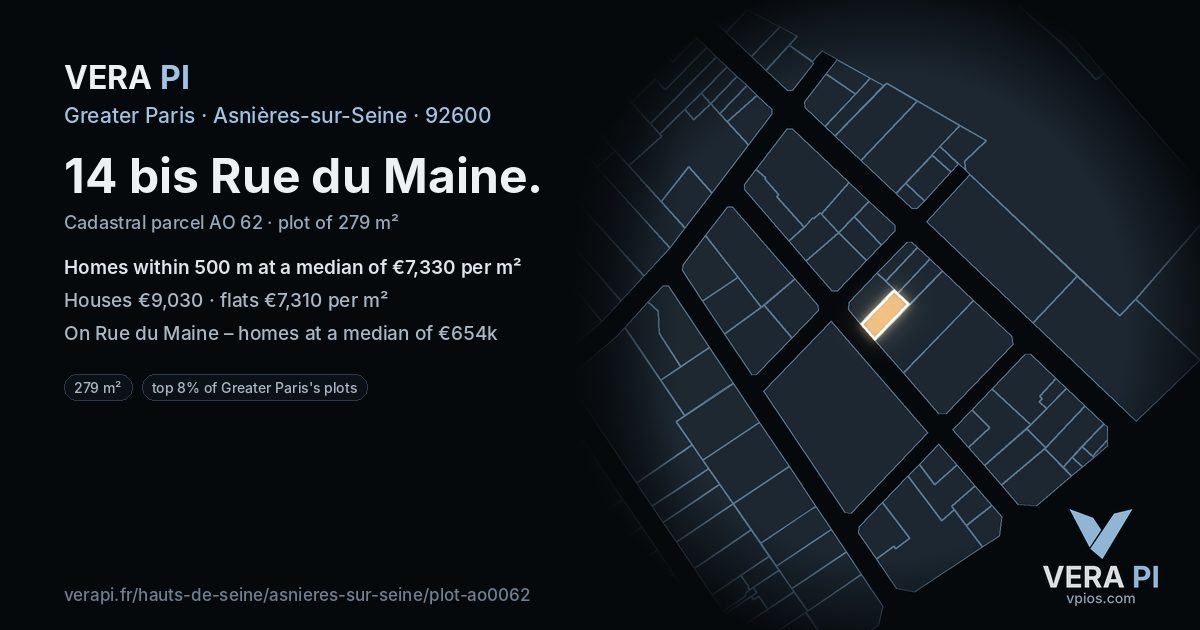 14 bis Rue du Maine, Asnières-sur-Seine at night – the plot lit, the parcels around coloured by the prices near them