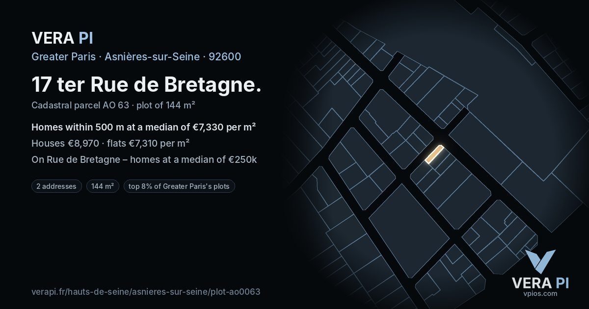 17 ter Rue de Bretagne, Asnières-sur-Seine at night – the plot lit, the parcels around coloured by the prices near them