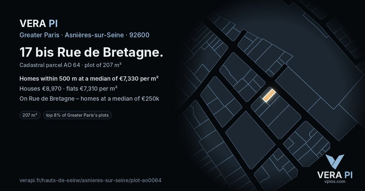 17 bis Rue de Bretagne, Asnières-sur-Seine at night – the plot lit, the parcels around coloured by the prices near them