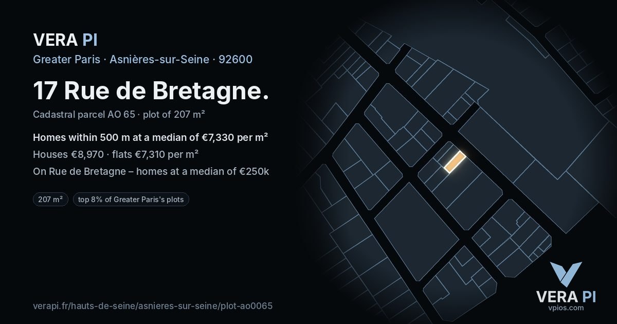 17 Rue de Bretagne, Asnières-sur-Seine at night – the plot lit, the parcels around coloured by the prices near them