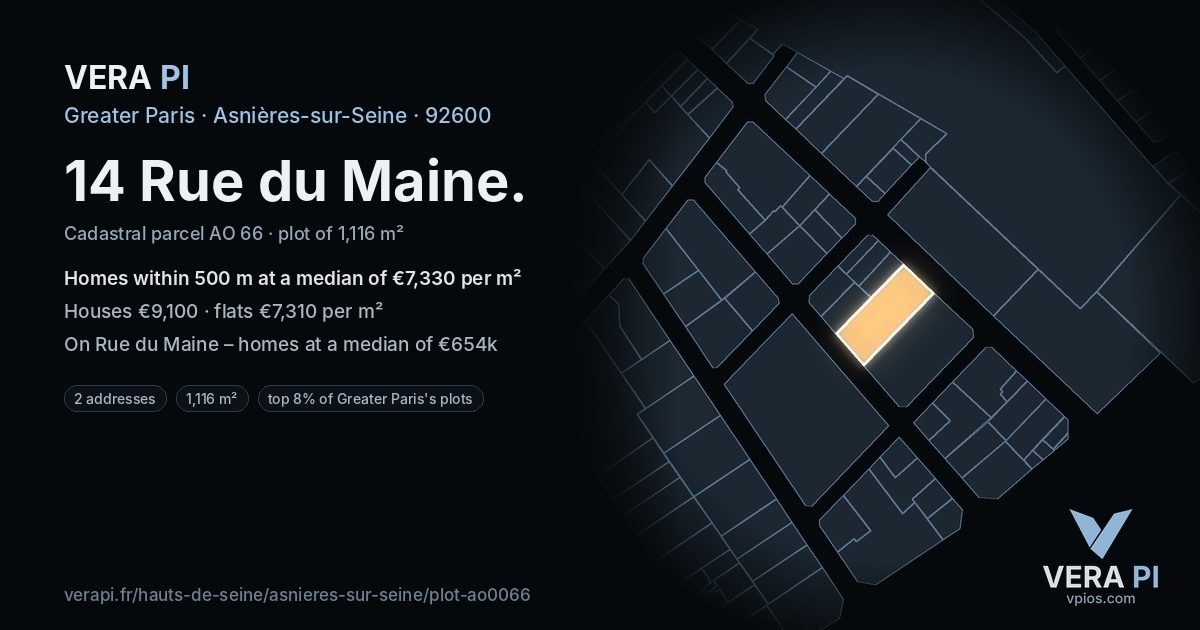 14 Rue du Maine, Asnières-sur-Seine at night – the plot lit, the parcels around coloured by the prices near them