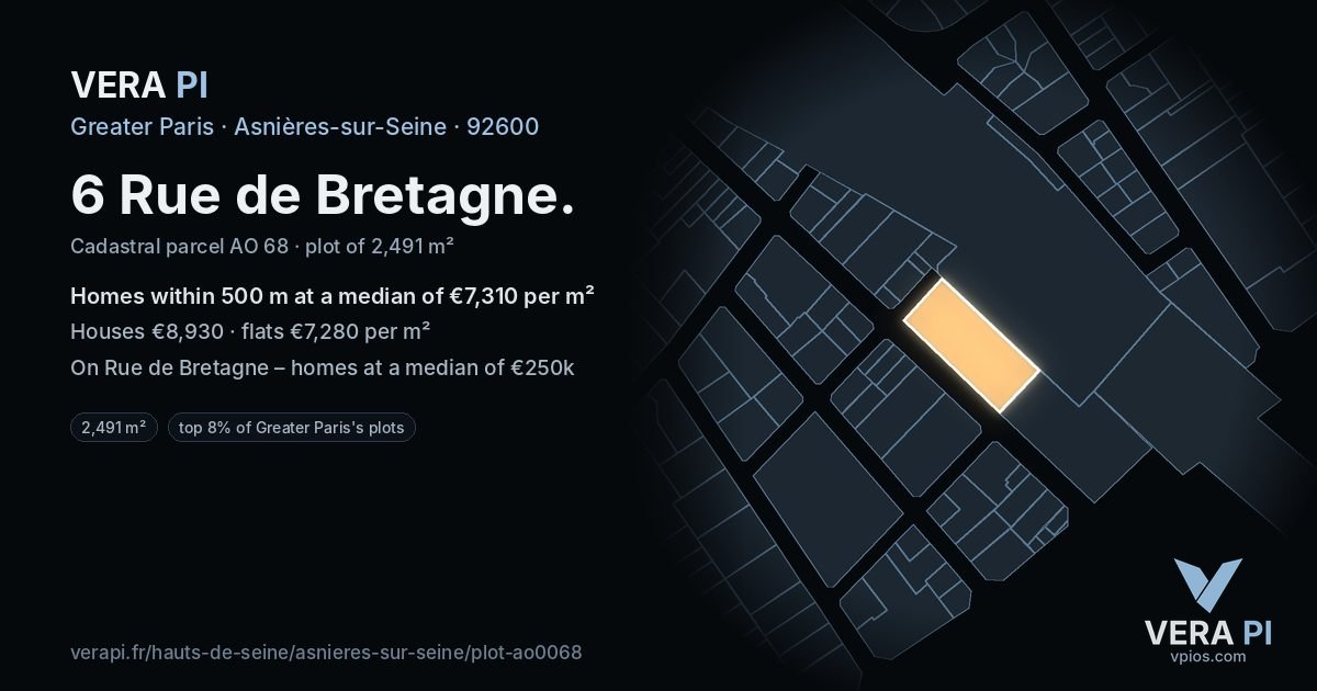 6 Rue de Bretagne, Asnières-sur-Seine at night – the plot lit, the parcels around coloured by the prices near them