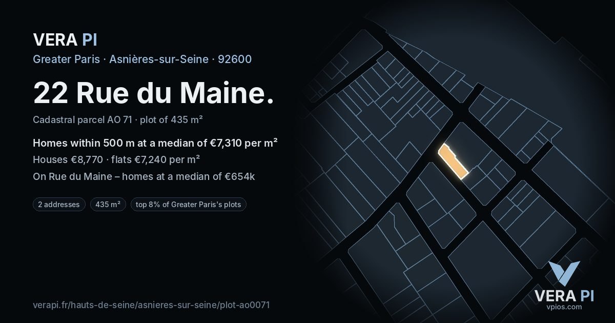 22 Rue du Maine, Asnières-sur-Seine at night – the plot lit, the parcels around coloured by the prices near them