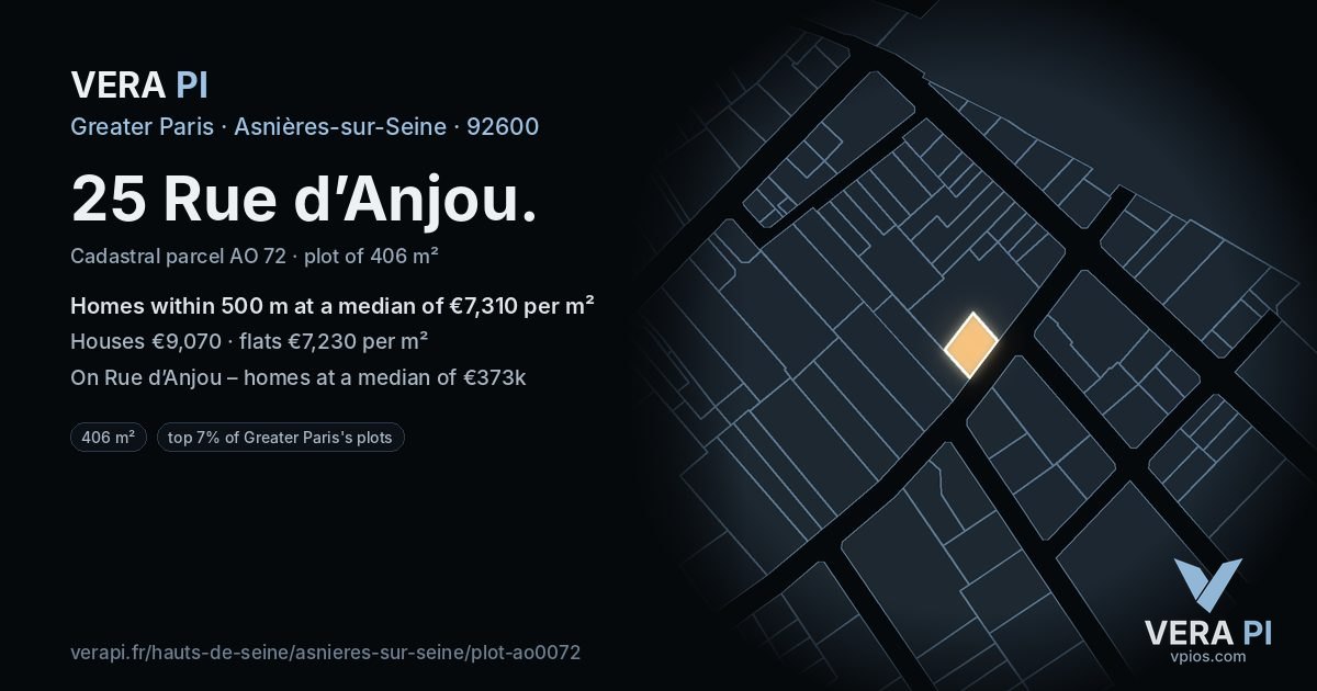 25 Rue d’Anjou, Asnières-sur-Seine at night – the plot lit, the parcels around coloured by the prices near them