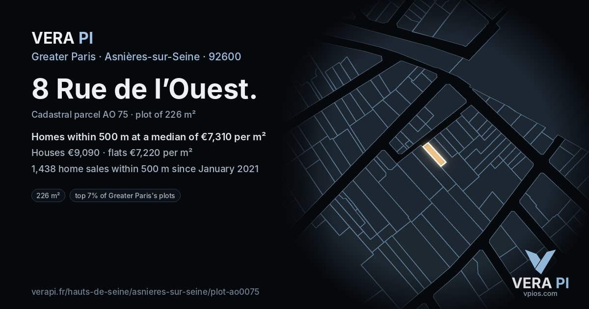 8 Rue de l’Ouest, Asnières-sur-Seine at night – the plot lit, the parcels around coloured by the prices near them