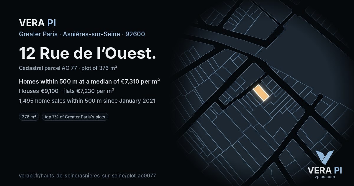 12 Rue de l’Ouest, Asnières-sur-Seine at night – the plot lit, the parcels around coloured by the prices near them