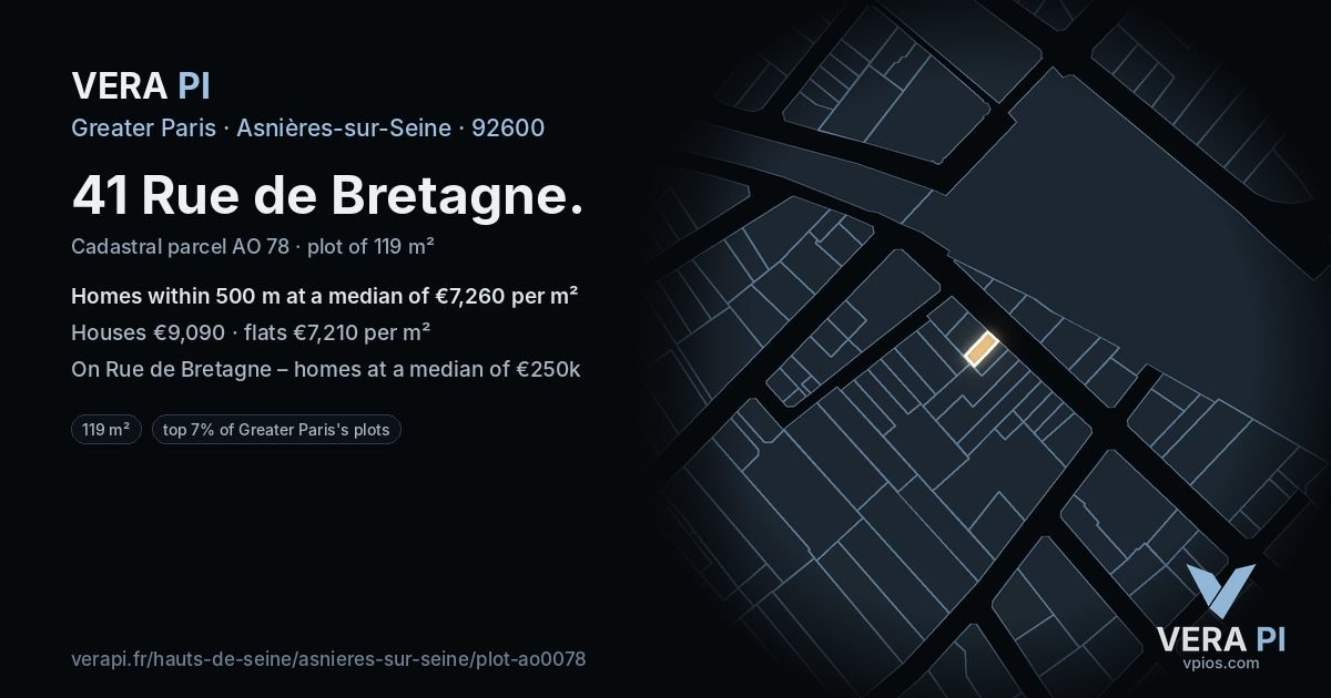 41 Rue de Bretagne, Asnières-sur-Seine at night – the plot lit, the parcels around coloured by the prices near them
