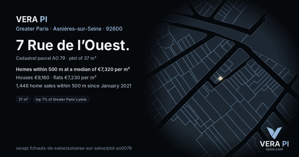 7 Rue de l’Ouest, Asnières-sur-Seine at night – the plot lit, the parcels around coloured by the prices near them