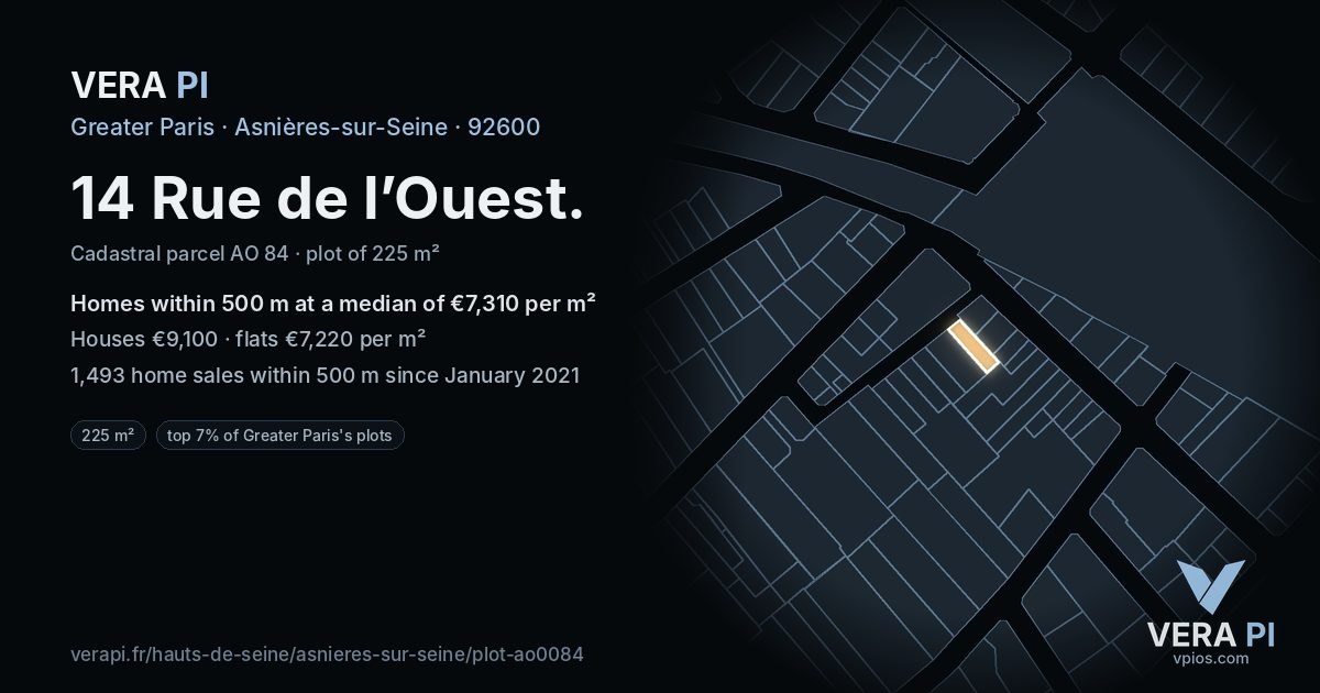 14 Rue de l’Ouest, Asnières-sur-Seine at night – the plot lit, the parcels around coloured by the prices near them