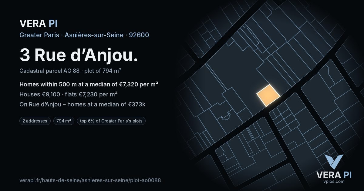 3 Rue d’Anjou, Asnières-sur-Seine at night – the plot lit, the parcels around coloured by the prices near them