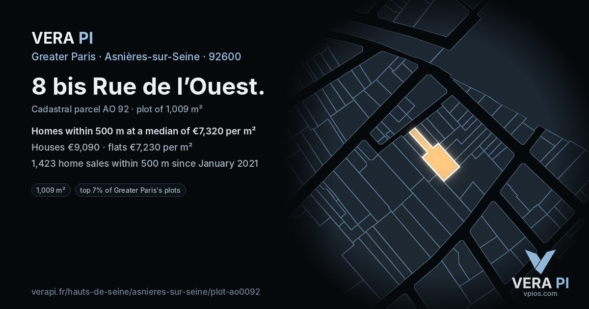 8 bis Rue de l’Ouest, Asnières-sur-Seine at night – the plot lit, the parcels around coloured by the prices near them
