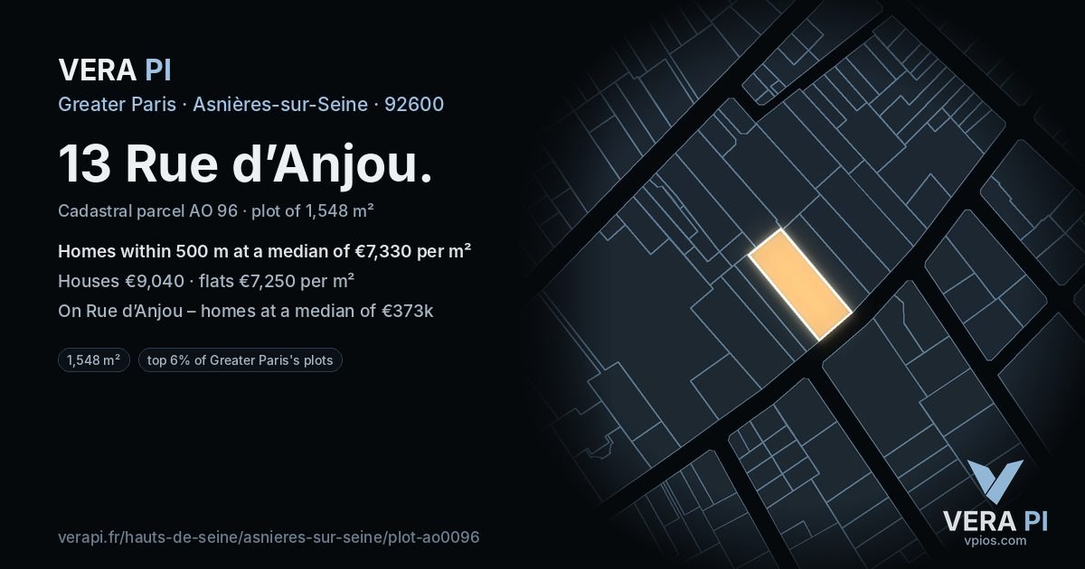 13 Rue d’Anjou, Asnières-sur-Seine at night – the plot lit, the parcels around coloured by the prices near them