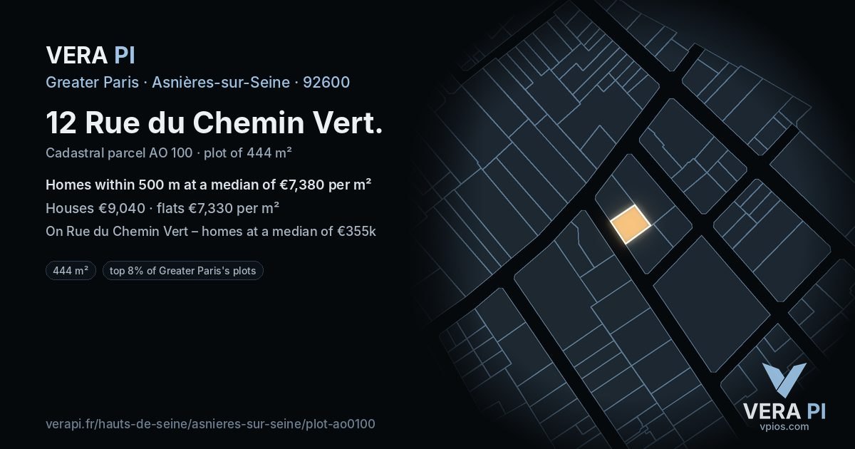 12 Rue du Chemin Vert, Asnières-sur-Seine at night – the plot lit, the parcels around coloured by the prices near them