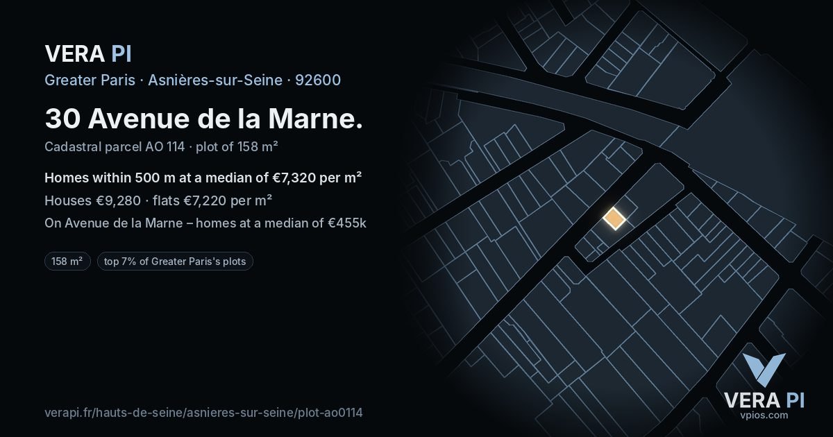 30 Avenue de la Marne, Asnières-sur-Seine at night – the plot lit, the parcels around coloured by the prices near them