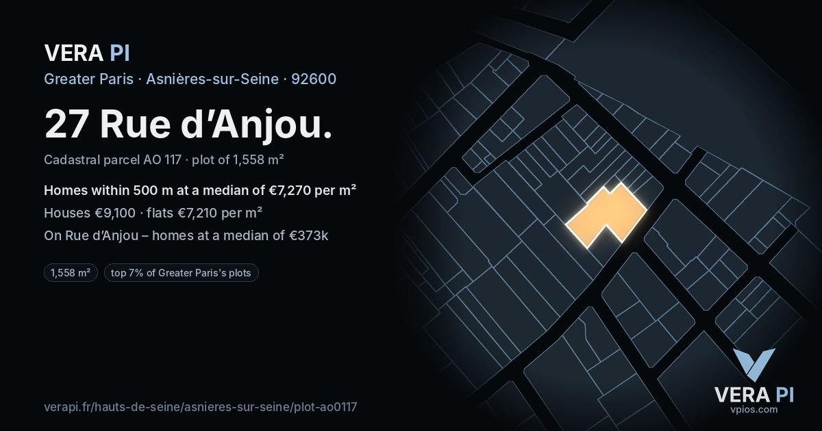 27 Rue d’Anjou, Asnières-sur-Seine at night – the plot lit, the parcels around coloured by the prices near them