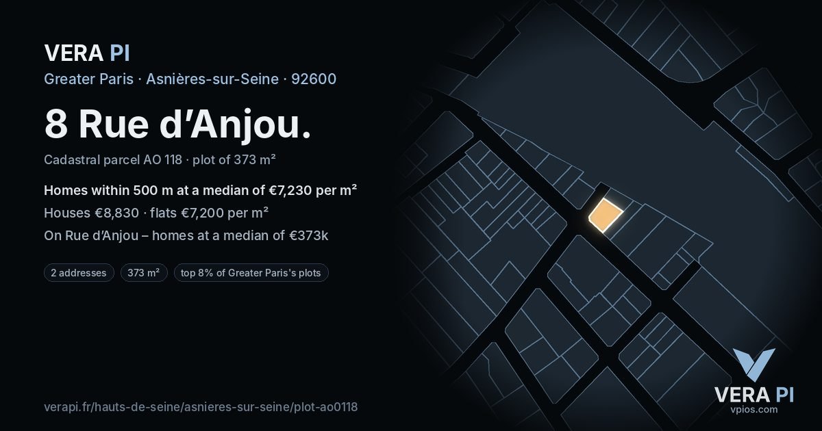 8 Rue d’Anjou, Asnières-sur-Seine at night – the plot lit, the parcels around coloured by the prices near them