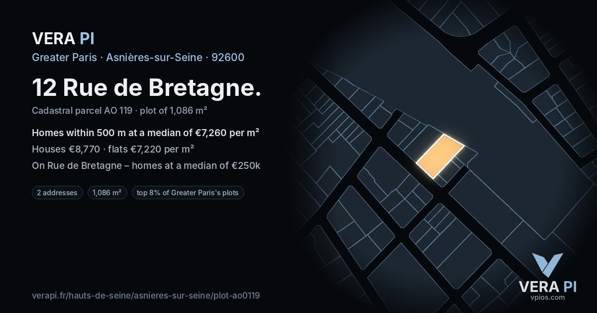 12 Rue de Bretagne, Asnières-sur-Seine at night – the plot lit, the parcels around coloured by the prices near them