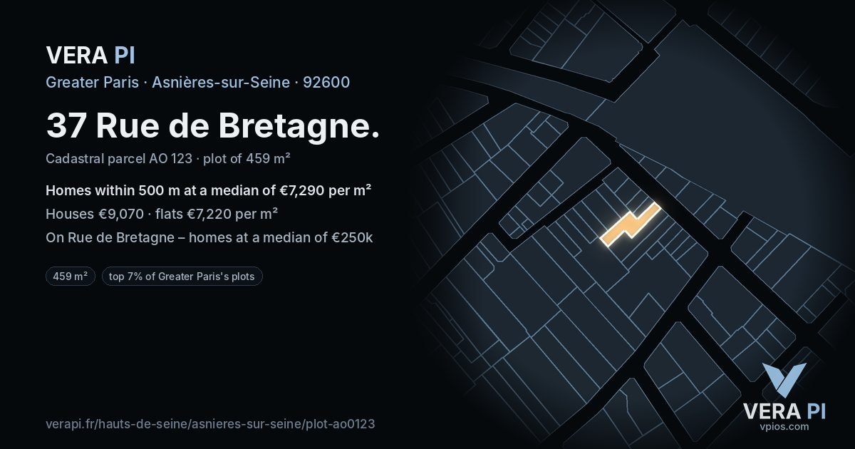 37 Rue de Bretagne, Asnières-sur-Seine at night – the plot lit, the parcels around coloured by the prices near them