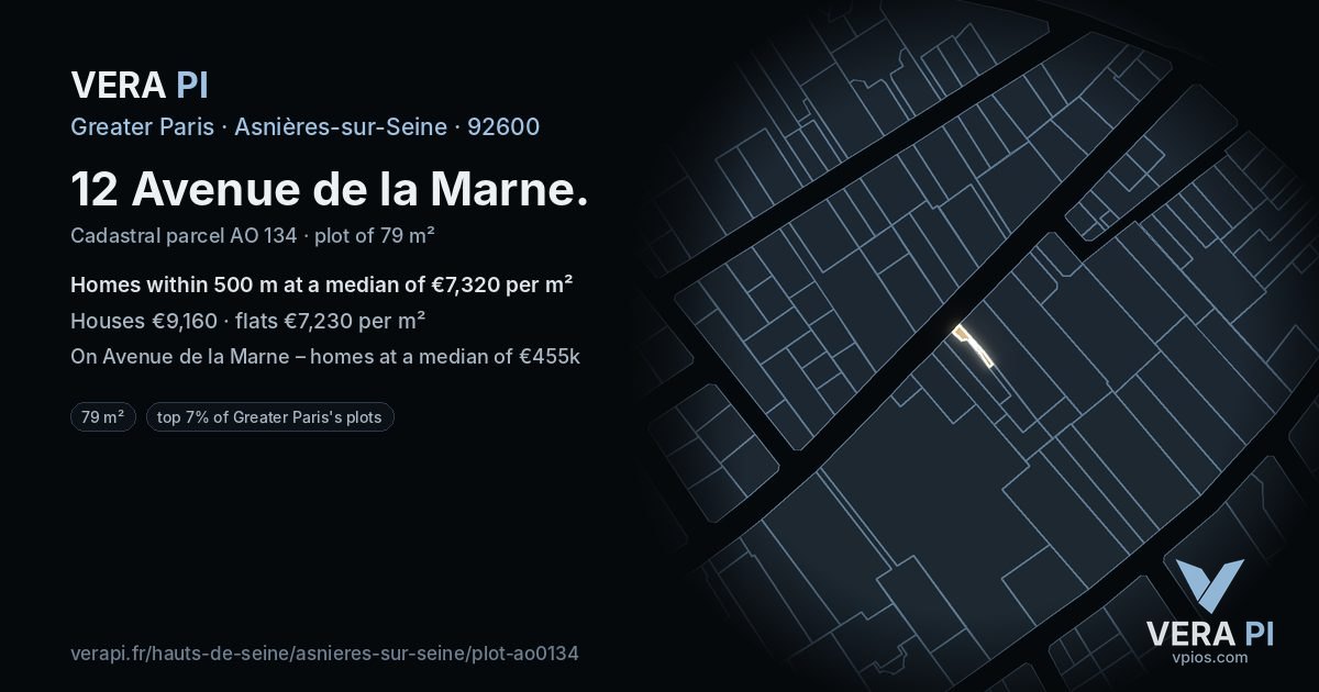12 Avenue de la Marne, Asnières-sur-Seine at night – the plot lit, the parcels around coloured by the prices near them