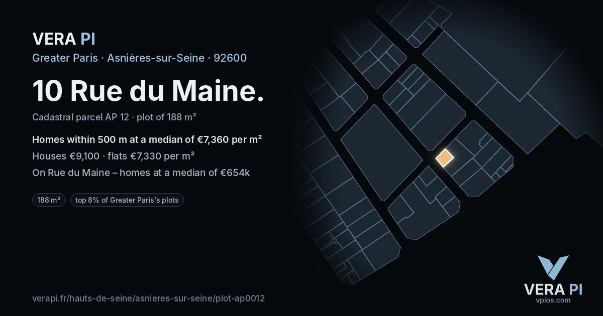 10 Rue du Maine, Asnières-sur-Seine at night – the plot lit, the parcels around coloured by the prices near them