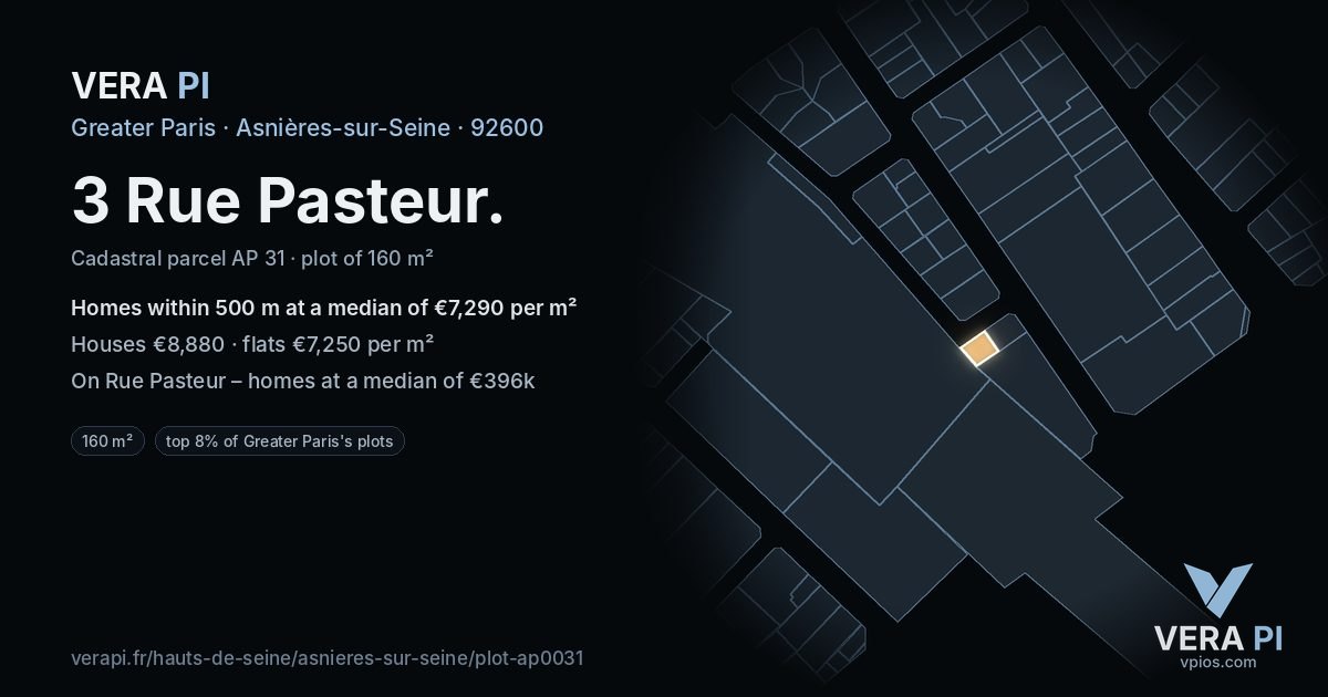 3 Rue Pasteur, Asnières-sur-Seine at night – the plot lit, the parcels around coloured by the prices near them
